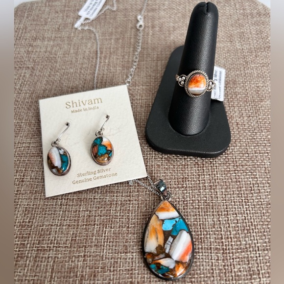 Shivam India 925 Sterling Silver Genuine Gemstone Oyster Multi Turquoise Trio - Picture 1 of 8